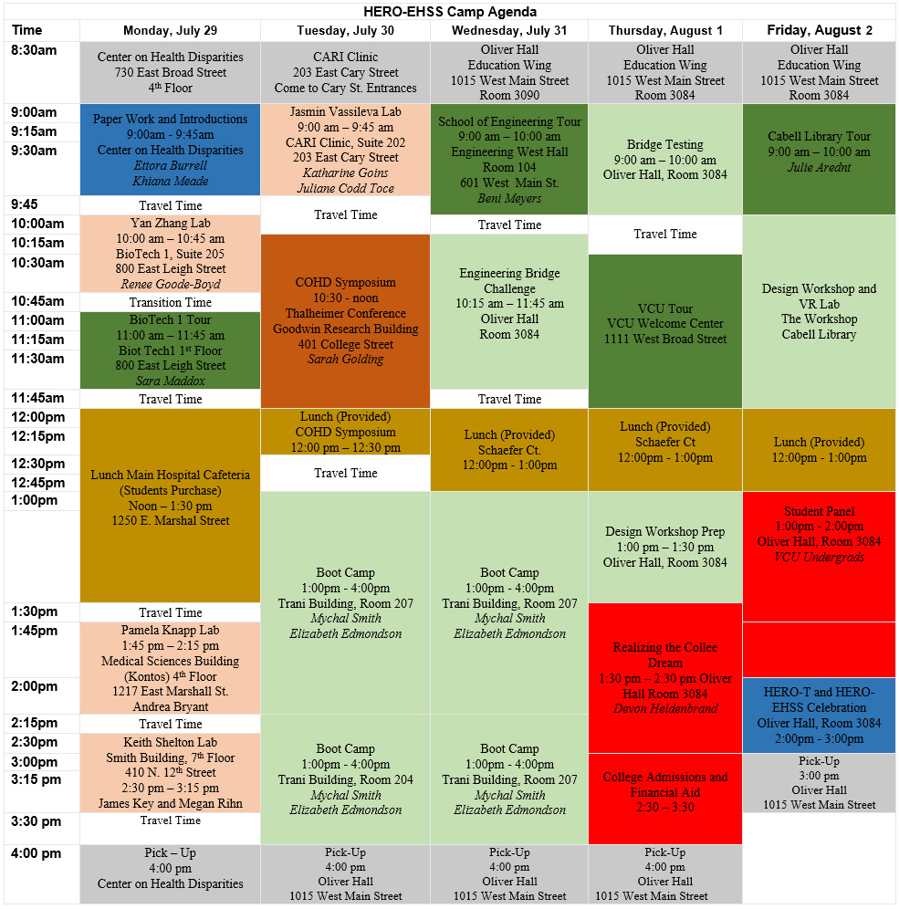 HERO-EHSS Camp Agenda for week of 7.29.19 through 8.2.19
